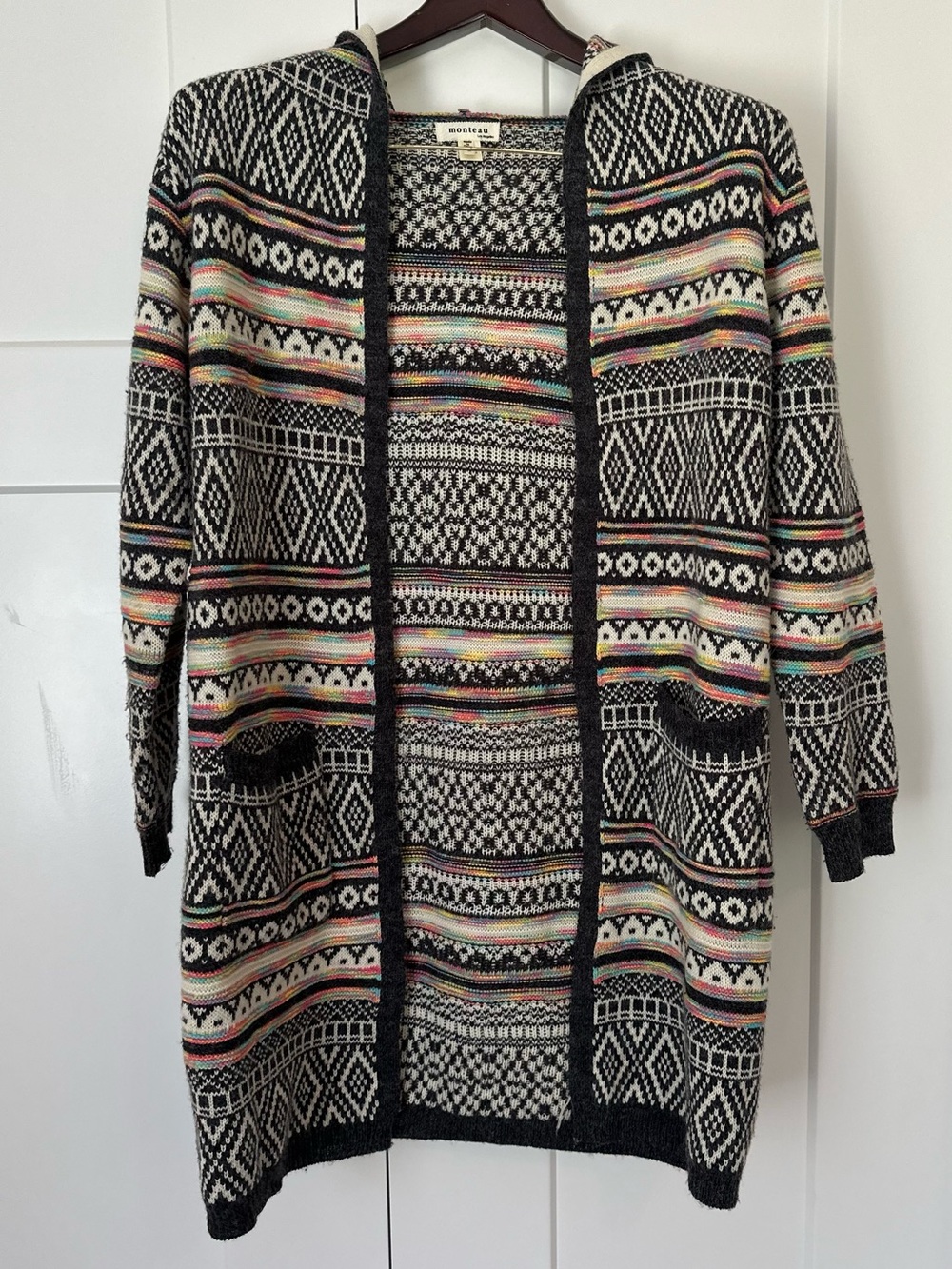 Monteau Black Hooded Fair Isle Open Cardigan with Multicolor Stripes